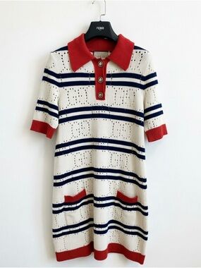 Gucci Navy and Red Striped Knit Polo Dress